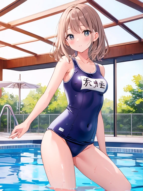 18year old, girl with, Clothes: one-piece swimsuit,slightly larger udder,Narrow waist, Hairstyle is a bob cut, Poolside background,Smiling face