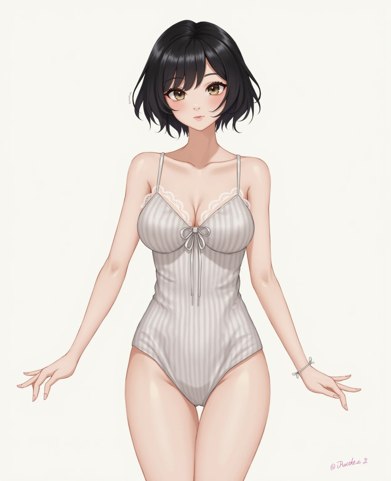 (Turn around:1.3)、(((Bottom to top angle)),high resolution、High quality details,Perfect Body Proportions,Smooth and delicate skin texture,Japanese Girlodel、Fair skin,20-year-old,Flat chest,Generate an image of a female model dressed in a two-piece swimsuit. The top is designed as a shoulder ribbon BACK opening TOPS with a plunging neckline and a peplum-style ruffle under the bust, fastening behind the neck with ties. The matching bottoms are full-back, featuring adjustable side ties for a customizable fit. The swimsuit is a clean, white color with a sleek and minimalist look. The model should be positioned to display both the front and side views, emphasizing the refined design elements.
