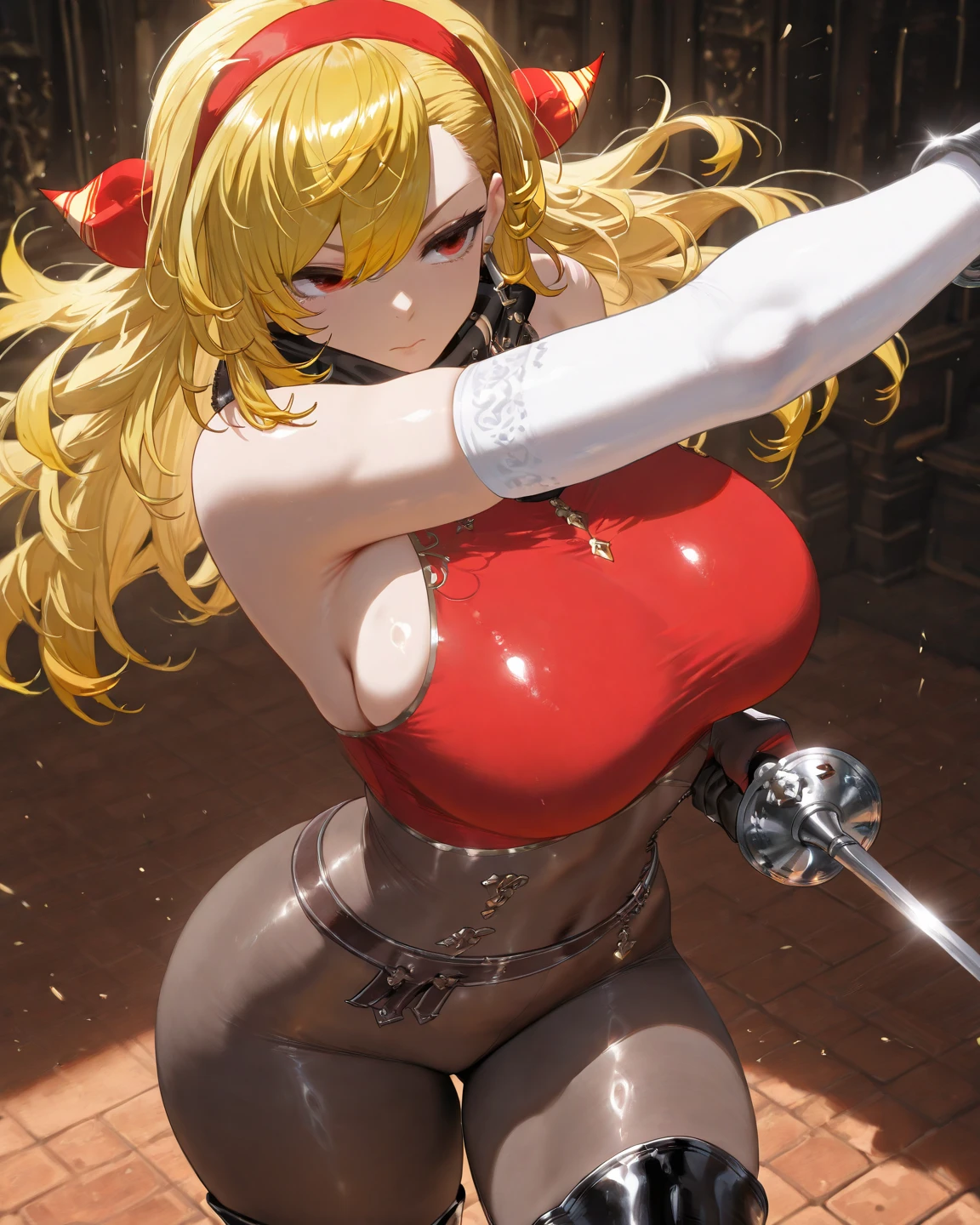 Big knockers, white skin color, white short bob hair, blue ayes, pointy ears, milf bimbo lustful smirking smile red blush red cheeks, chain leash, kneeling, shackles, leather black collar slave, 2 high ponytails, masterpiece, hyper realistic, Ultra detail, high res,
