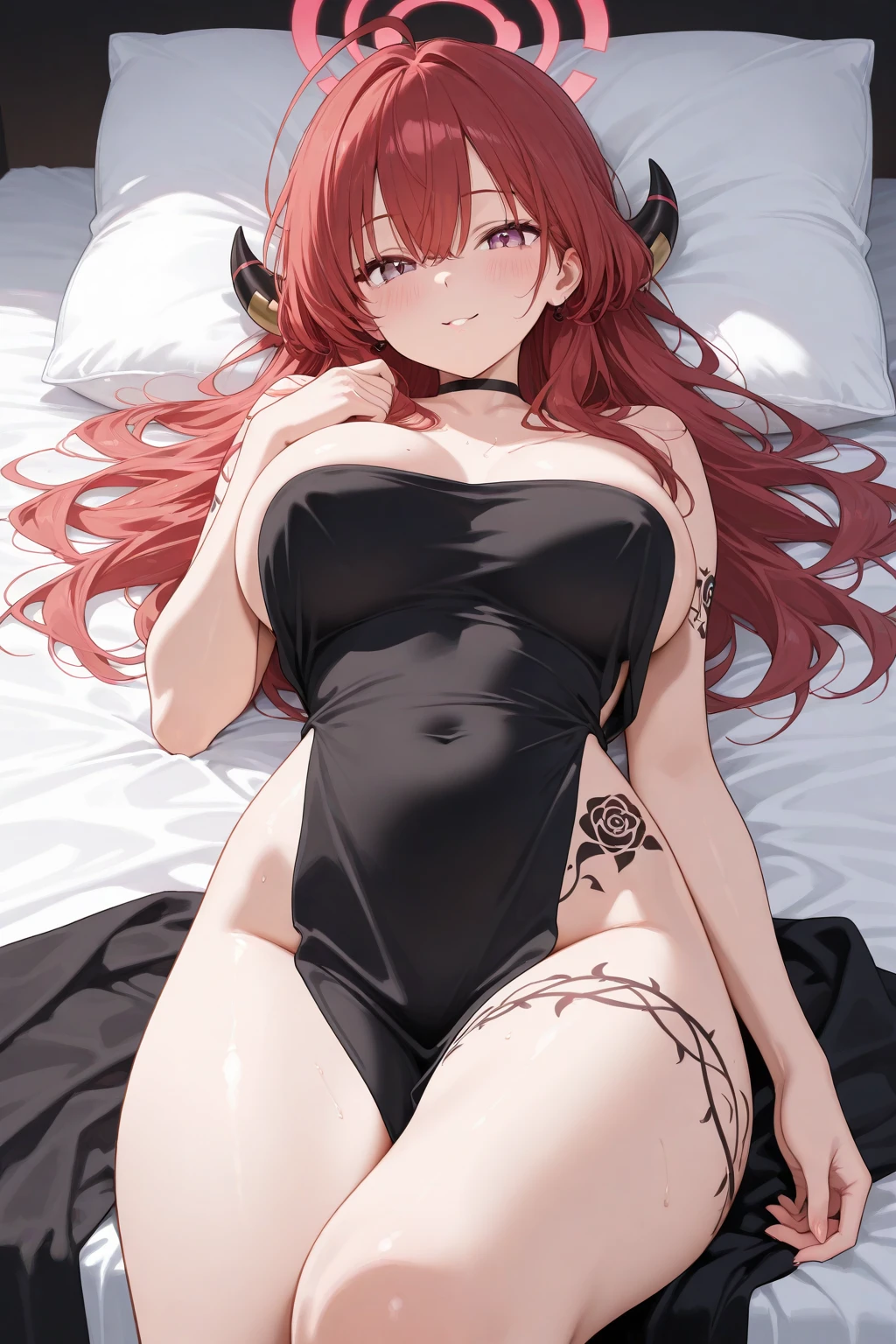 1 girl, solo, big breasts, big ass, thin waist,Thick frogs, in a black bikini, Low black skirt, Red hair, stockings, collar around the neck, black elbow-length gloves, holding a pack of condoms, seductive look.Lying on the bed looking at the screen.1