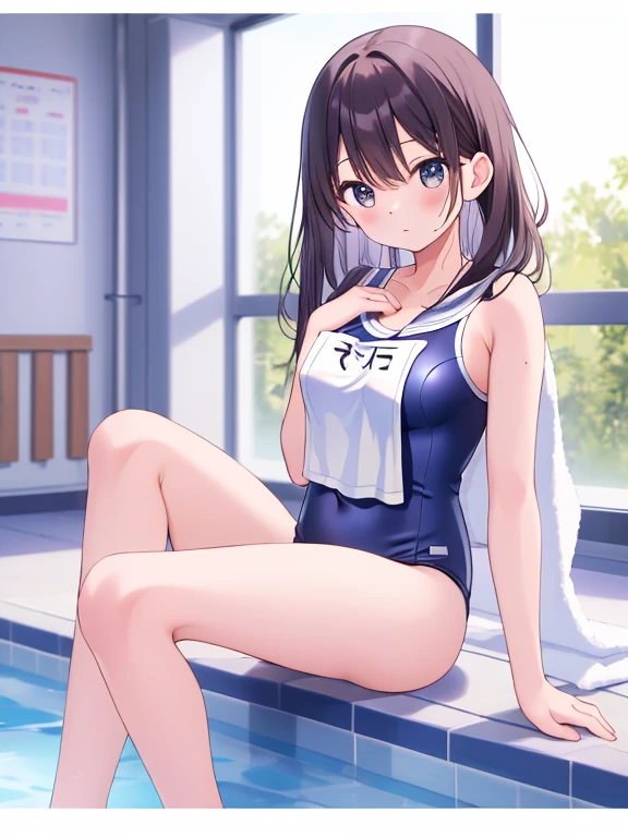 buruma, black buruma, (School swimming pool), Sit by the pool, (One girl), cute, White short-sleeved gym uniform, Large breasts, barefoot, ((blush)), Brown Hair, Medium twin tails, indoor, (Cowboy shot from the front), ((Highest quality)), ((masterpiece)), (detailed), Perfect Face, Perfect Arms, Perfect hands, Perfect Fingers, anime, Ultra-fine illustration,