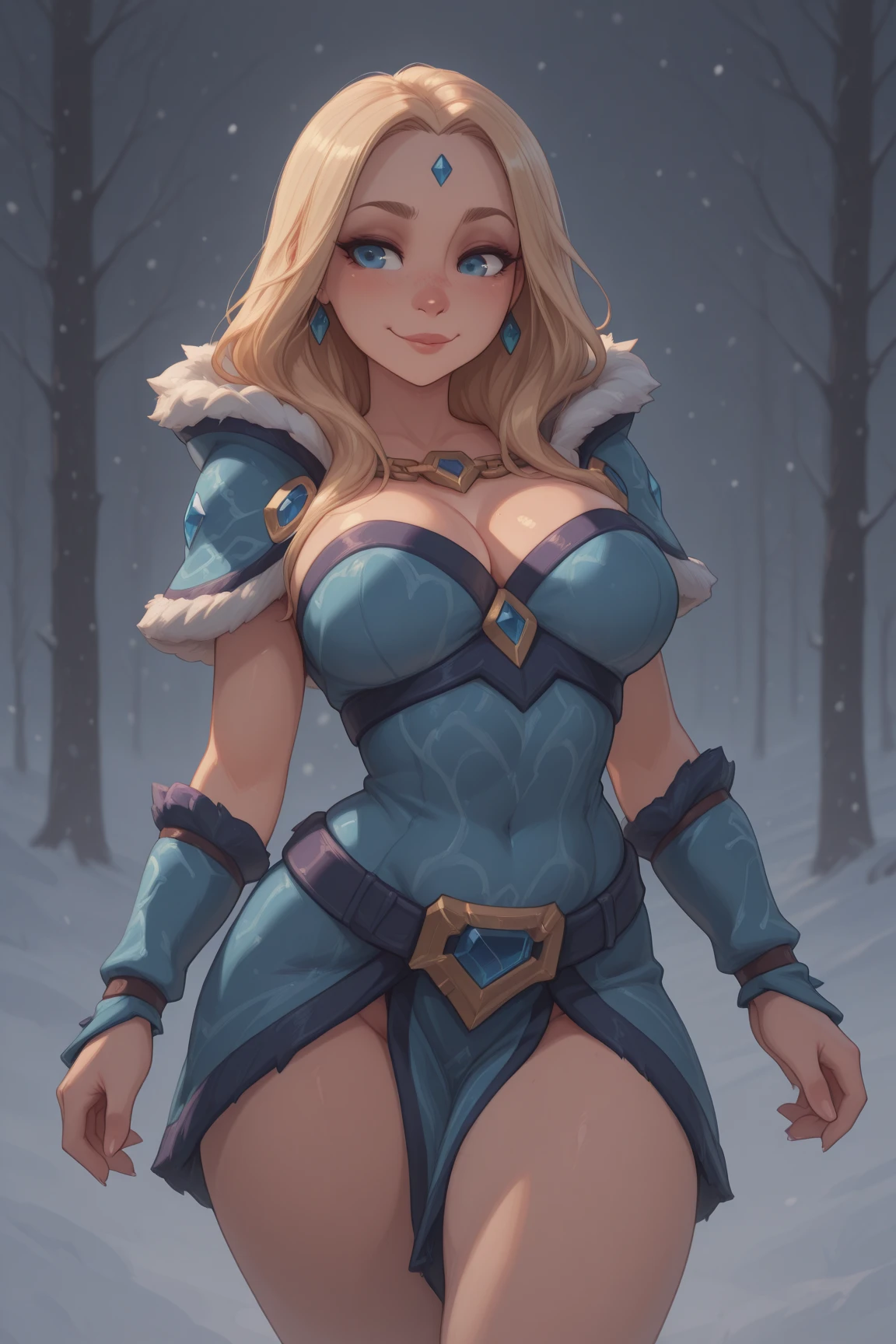 official art, crystal maiden, 1girl, petite, medium full shot, solo, blonde hair, blue eyes, elegant dress, bare thighs, crystalline, winter background, snow, best quality, (masterpiece), realistic, 8k illustration
<lora:dotaCrystalMaiden:0.7>