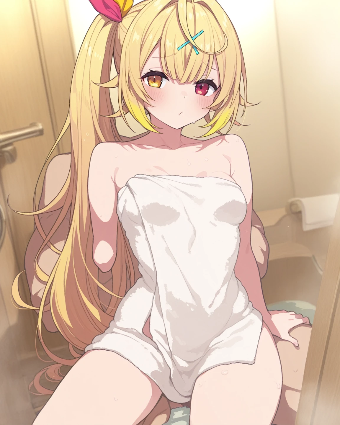 best quality, masterpiece, highres, solo, {shiraki_hime_watashinoyuriwaoshigotodesu:1.15}, blonde_hair, long_hair, bangs, thick_eyebrows, yellow_eyes, blunt_bangs, blush,1girl, closed_eyes,smile, closed_mouth, ^_^, masterpiece, expensive quality, very_expensive_solve, big_file size, full color,(completely nude:1.2),pussy,niplles,