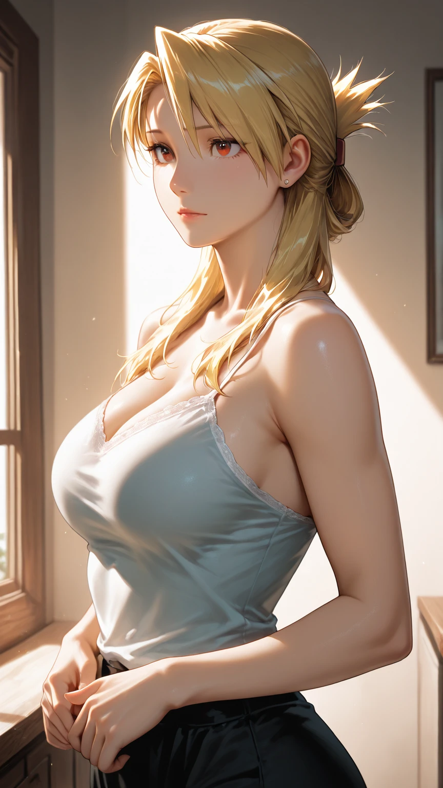 (best quality, highres, photorealistic), portrait, elegant mature woman, blue eyes, long hair, swept-side bang, blonde hair, see through tank top, big breast, ultra detailed cg 8k, beautiful cg, soft light