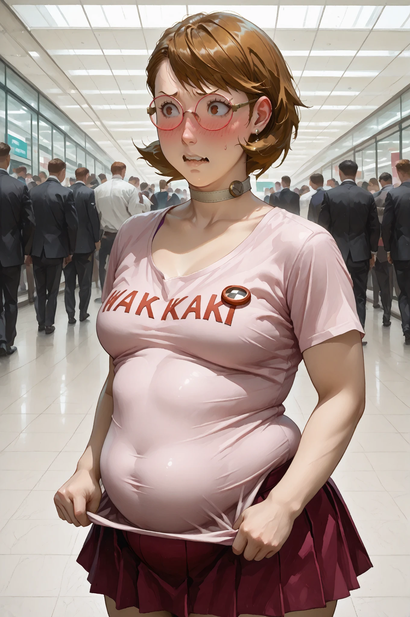 (yukari from persona 3) (shirt tug:1.4) (shirt riding up) (belly peek) ,embarrased,blushing, (in a crowded mall atrium background:1.2) (small breasts:1.3) pink graphic tank top, () , (wearing circular eyeglasses) Takeba Yukari, 1girl, solo, short hair, bangs, brown hair(yukari hair, brown hair) (detail yukari face) ,yukari, red pleated micro skirt , (earrings, white choker) Best Quality, High resolution, 1girl in,) () Details breasts, Detail pose Detail Face, detail clothes fit, 1girl in, () (), (detail hands, detail feminine fingers)(small covered breasts), (), (), , () sunlight shafts , perfect lighting, cinematic composition, highly detailed, photorealistic, 8k, best quality , hyperrealisim, (), small breasts, () (jab style) () (by norman rockwell) defined curves, skin texture, (fun and quirky pose:1.2), () () () () plump fat belly, double chin