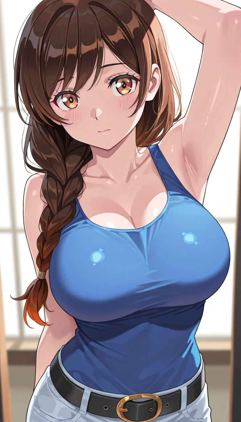 pink crop top dress, blue pajamas, brown ponytail hair, hoop earrings, big breasts, 8k