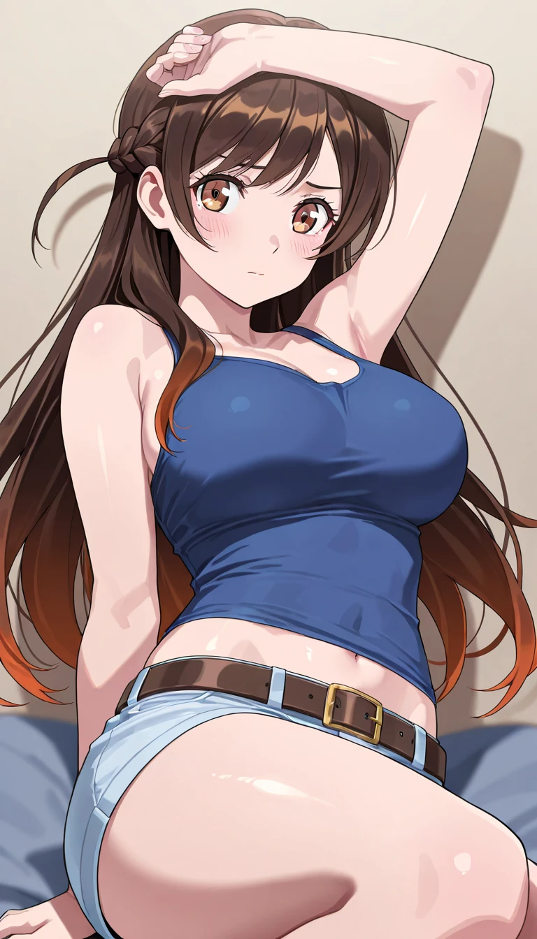 ((best quality)), ((masterpiece)), (detailed), perfect face, brown skin anime woman in a deep V-neck tied top, (bare shoulders), (bare arms), (jeans), (long hair), starving, (resting hands on the stomach), (hands on the stomach)