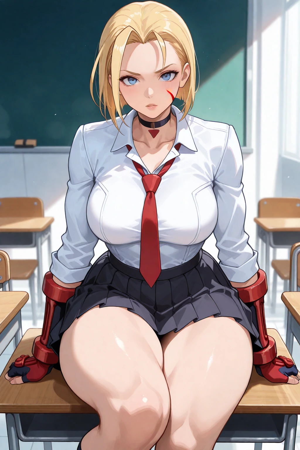 Hyper realistic super detailed sexy woman, Une fille confiante, NSFW, Very detailed, expressions faciales sexy, seductive facial expressions, [:(Face detail: 1.4): 0.4], 16K resolution, 4k resolution, dinamic lighting, High definition resolution, (masterpiece, best quality), (highres, high quality, best quality:1.3), intricate details, vibrant image, realistic, bibleblack, black man is having vaginal sex with a beautiful voluptuous Saeki Kaori, girl on top, cowgirl position, on a bed, large penis, (vaginal sex:1.2), penetration, tits out, Saeki Kaori, (curvy:1.1), black_legwear, blonde_hair, bra_visible_through_clothes, , breasts, chalkboard, classroom, earrings, indoors, large_breasts, long_hair, long_sleeves, looking_at_viewer, necktie, , purple_eyes, school uniform, spaghetti strap, red necktie, red skirt, black thighhighs, red_necktie, shirt, skirt, thighhighs, thighs, wet_clothes, masterpiece, best quality, perfect composition