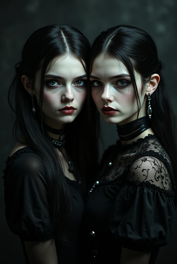 gothic woman, occultist, WITH A SCARY LOOK, and earrings, black gown, tattoo's 