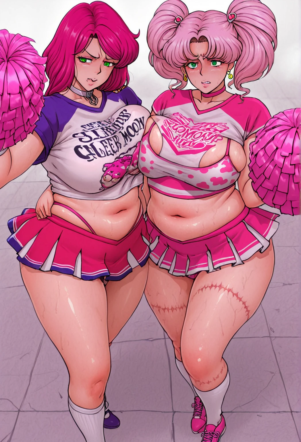 ((sexy 2girl ,gyaru))nsfw,glamorous, blushing, flushed face, (()).looking at viewer,embarrassed, flushed,  bashful, ashamed, ?????? belt,pink rotor,glamorous, voluptuous, curvy, cheerleader