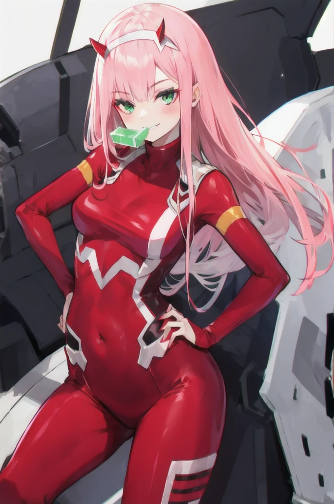 zero two \(darling in franxx\), darling in franxx, 1girl, bangs, bite, shadow, green eyes, horns, long hair, looking at the viewer, small breasts, makeup, small breasts, red bodysuit, pink hair, red eyeshadow, tight skin, solo