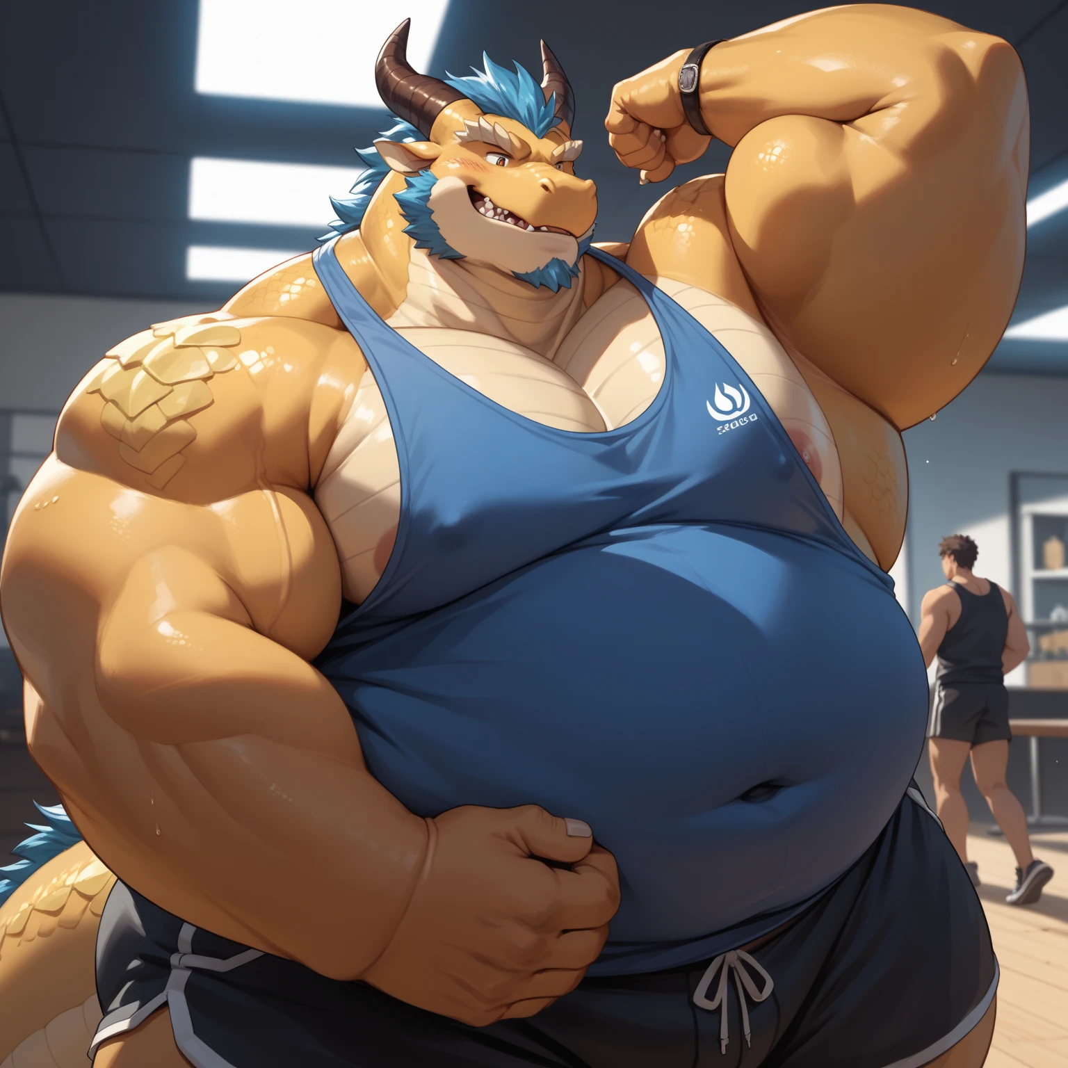Humanoid dragon with scales all over its body.
With muscles.
in a gym.
With long tight pink leggings.
big crotch.