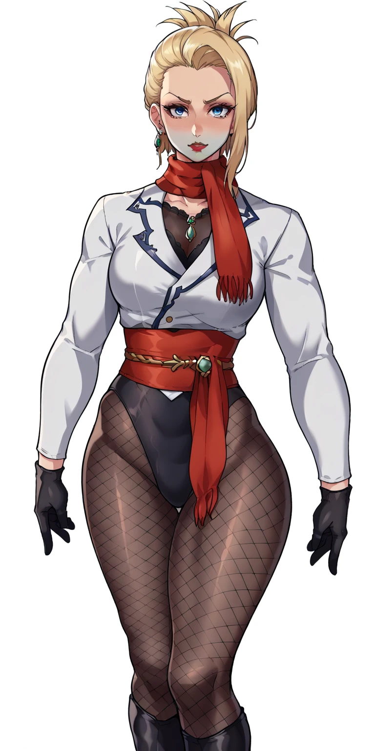 (Masterpiece, 4k, plain background:1.2) Female Cammy White Street Fighter red gloves gauntlets full body standing straight symmetrical feet together looking to the viewer RED full body armored, 2 crossing big belt under belly button, navel, abs, garter straps belts attaching bra big knockers, view from below, wide hips, thick thighs legs apart from below depth range, smile red cheeks, long messy hair ponytail, (handcuffs, shackles, rerebrace, faulds, poleyn, leather collar choker, high boots bootstraps, sleeves, stockings) ((hands on hips))