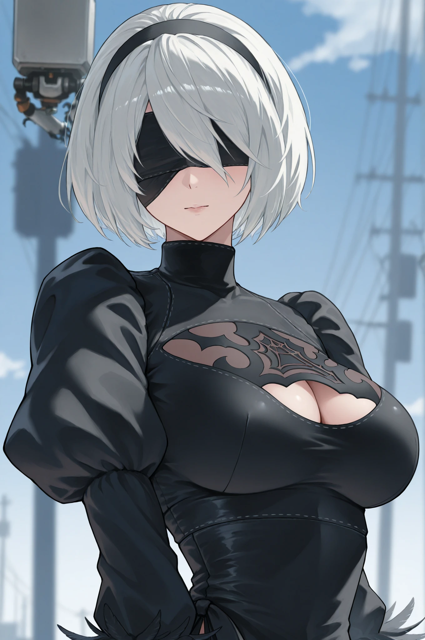 yorha no. 2 type b, 1girl, wlop, (blindfold), breasts, cleavage, cleavage cutout, clothing cutout, green background, hair between eyes, hairband, highres, juliet sleeves, long sleeves, nier (series), nier automata,  puffy sleeves, red lips, shaded face, short hair, solo, turtleneck, upper body, white hair, sky