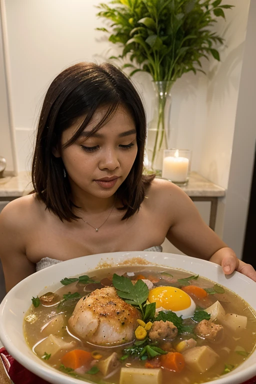 nude,woman sitting at a table with a plate of food and a bowl of soup, gal gadot china plate, with tattoos, cottagecore!! fitness body, photo taken in 2 0 2 0, yummy, lara croft eating durian, 3 0 years old woman, eating outside, 30 years old woman, taken in the early 2020s