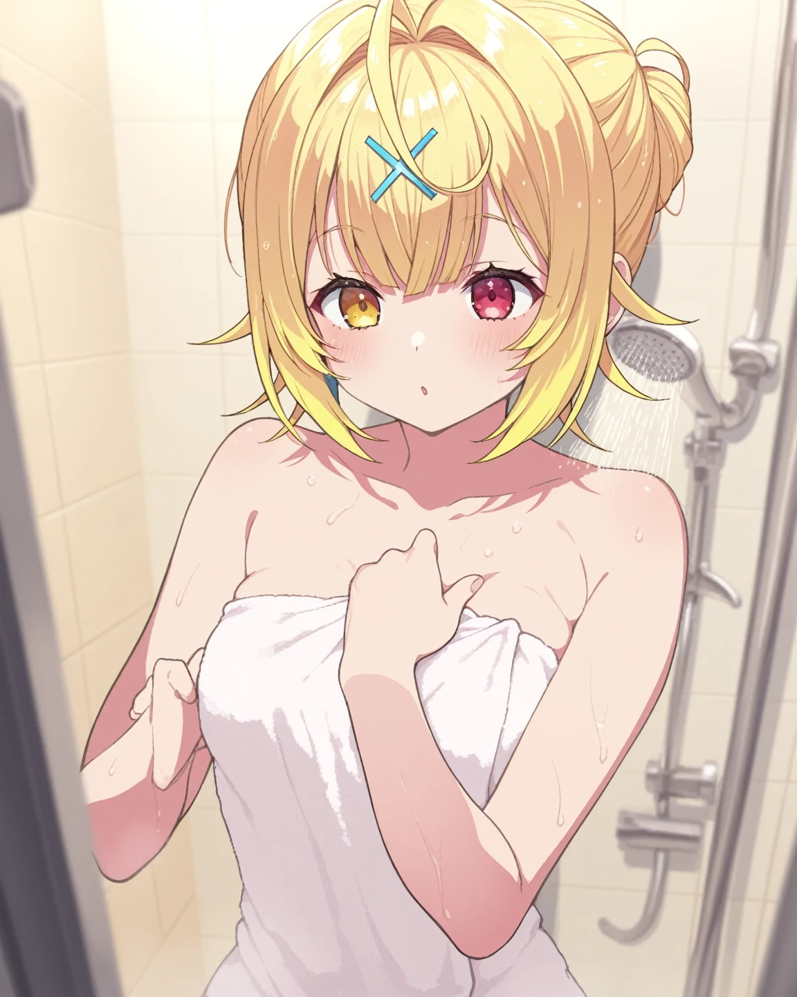 1girl, ruby hoshino, (yellow hair:1.5), long hair, (pink eyes:1.5), sidelocks, (Star pupil in left eye:1.3), (Pink right eye:1.3),
BREAK (blush:1.2), (nude:1.5), Fluffy bubbles, White bubbles, (Bubbles hide breasts:1.5), (arms up:1.1), (clasp one's hands tightly:1.2), (open mouth:1.1), (standing:1.2),
BREAK bathroom, windows, (soap bubble:1.3),
BREAK (bust-up shot:1.5), (high angle shot:1.3), (close-up:1.3), (Drawing only the upper body:1.5),
BREAK (masterpiece:1.2), best quality, high resolution, unity 8k wallpaper, (illustration:0.8), (beautiful detailed eyes:1.6), extremely detailed face, perfect lighting, extremely detailed CG, (perfect hands, perfect anatomy)