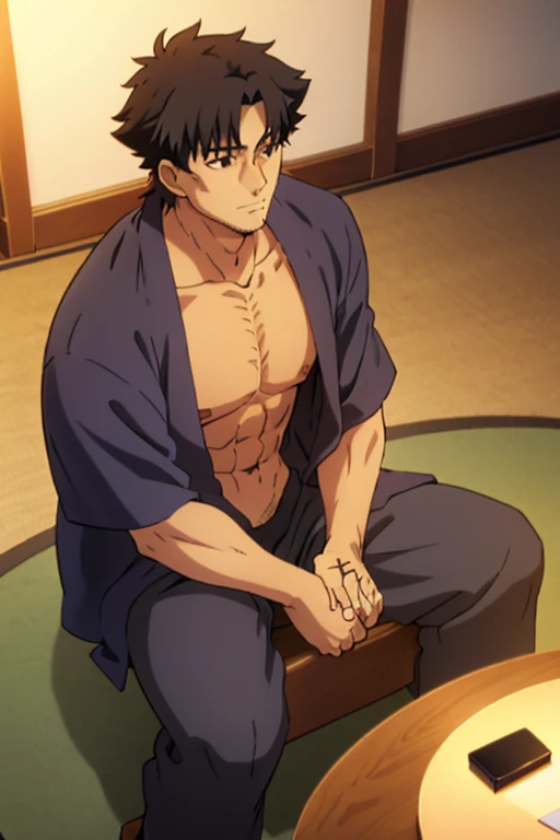 Kiritsugu is sitting and flexing his buff biceps and thighs. He wears black short boxershorts. You can see his thighs completely. He is shirtless. He is showing his abs too. He is admiring his arms. He has a huge bulge.