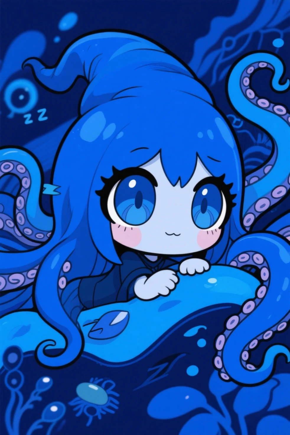 (((masterpiece, best quality, high quality, chibi, tentachan))), bust of tentachan, disappointment facial expression, open mouth, <lyco:tentachan-v2:1>, cyberpunk outfit, underwater background, solo focus,<lyco:style_onmyoji-20:1.0>
