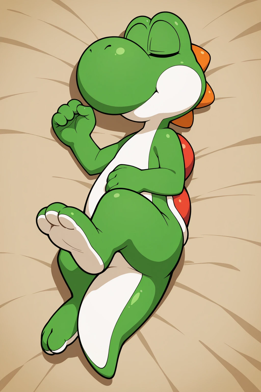 score_8_up, score_7_up, score_6_up, rating_explicit, penis, anus, presenting, yoshi, feral, on bed, lying, on back, bedroom eyes, countershading, bokeh, diadema, adorable face, looking at viewer