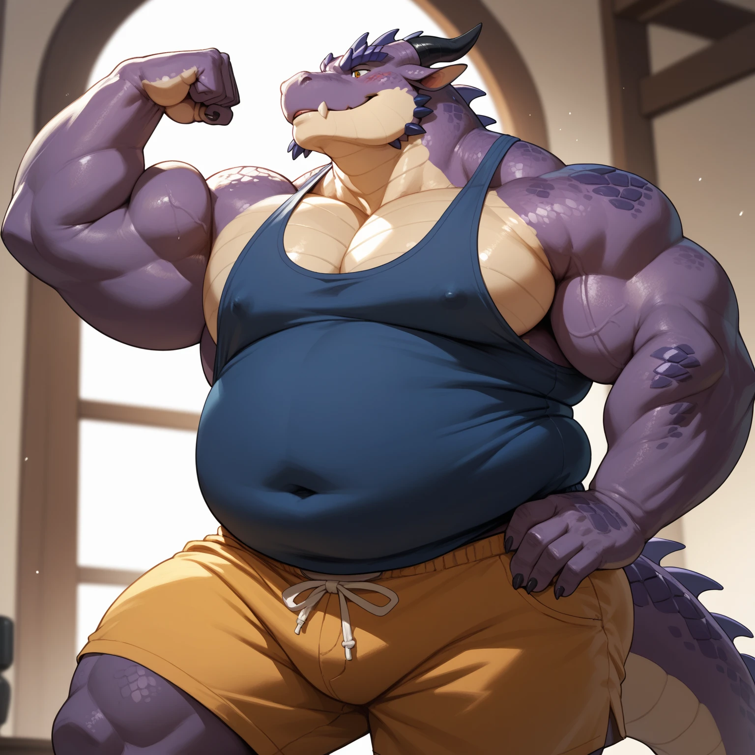 human nature, cannon, male, solitary, ((the strong，Handsome)), (dragon), Chibo，Six-pack abs，(indoor)，Feet facing the audience，Dirty white socks，Blue shorts，Sweat:1.3，high quality, (4K,high quality, high resolution, masterpiece), cartoon,by lindong