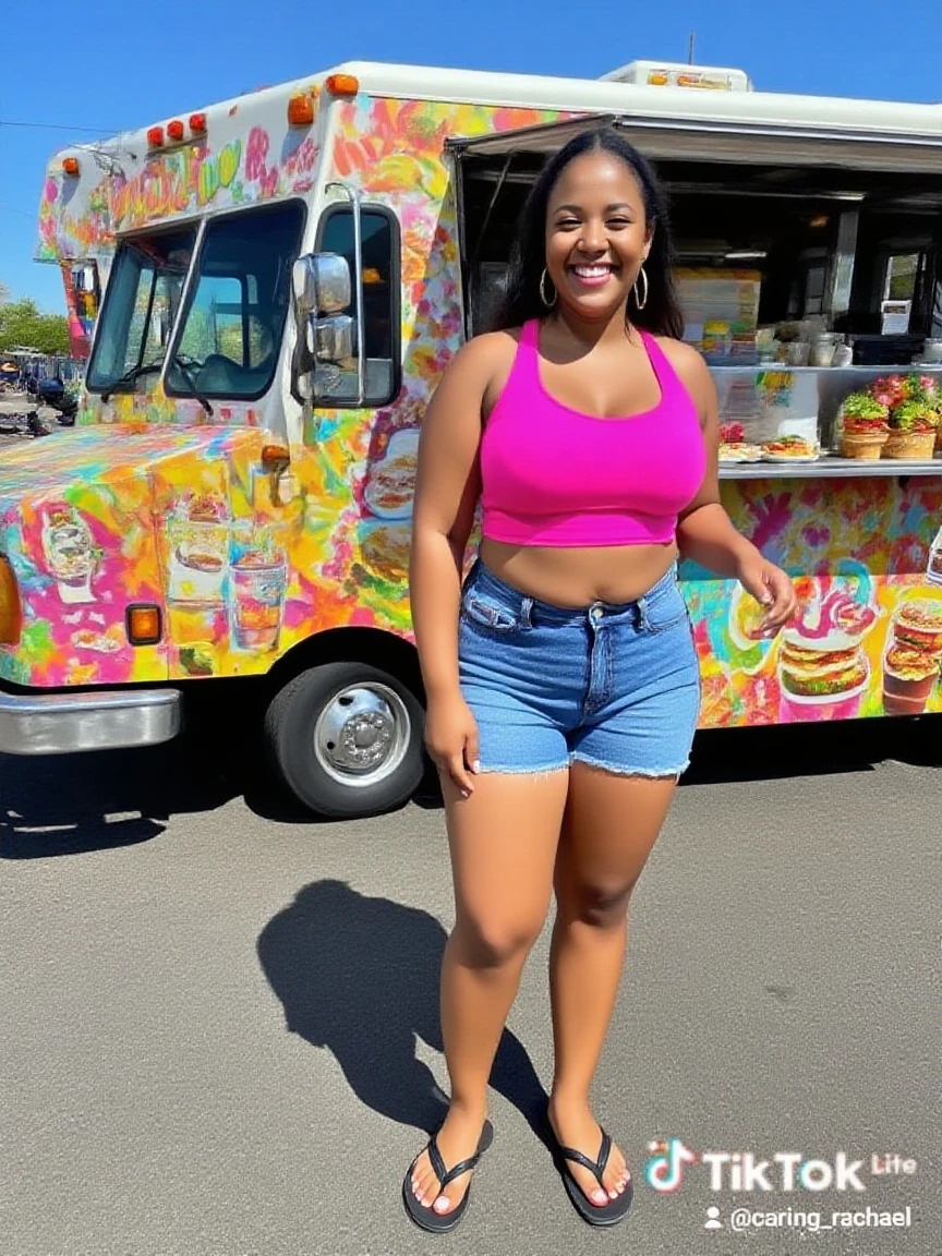 ultra realistic photo of a curvy woman, longs cheveux noirs flottants, dressed in a tight red dress, leaning against an ice cream truck