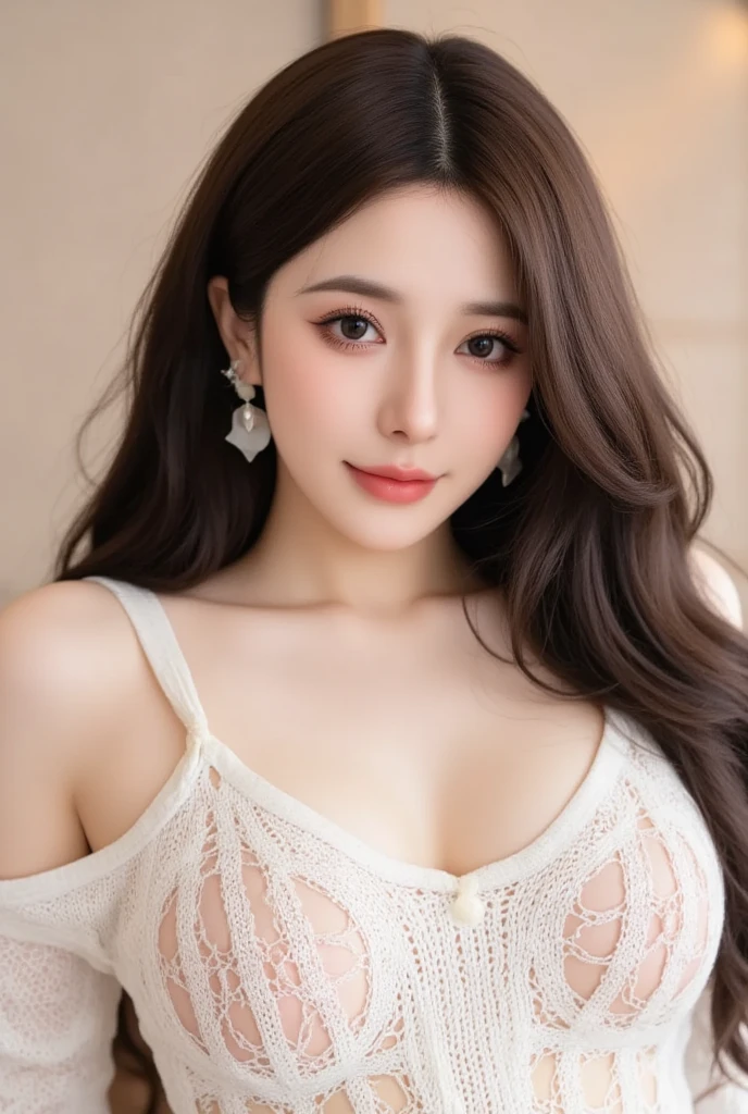 beautiful girl, Slender face, Beautiful sharp eyes., long hair, model face, Beautiful makeup, 18 years old, Wear a light pink lace G-string set., ((Big tits)), big breasts, very big breasts, white skin, Very high detail, 8ก, In a luxury coffee shop, Portrait, Face focus, act sexy, (Wear flower pattern earrings), (wearing necklace)