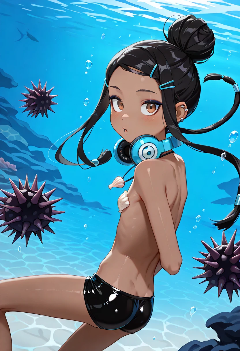 score_9_up, score_8_up, score_7_up, score_6_up, source_アニメ,2d, flat、Eating a popsicle、Black Hair、Pigtails、Navy blue school swimsuit、Brown Skin、Red polka dot swim ring、Red underwater goggles、Ocean