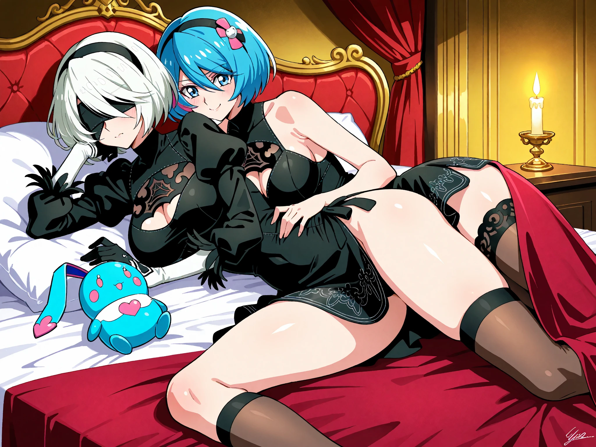 masterpiece, bestquality, ultra-detail, illustration, Epic Light, cinematic composition, 1girls, REM_new_zero, kawaii, oily shiny skin, blue hair, Short Hair Hair, (hair over one eye:1.3), Blue Eyes, (white thighhighs:1.2), garters, white panties, camel toes, lying, on side, sleeping:1.1, Closed eyes, Side ass, indoors, bedroom, close up shot , bed, pillow, nighttime, fantasy, (dark, darkness, Dark Black, glossy:1.4), (10:1.1),