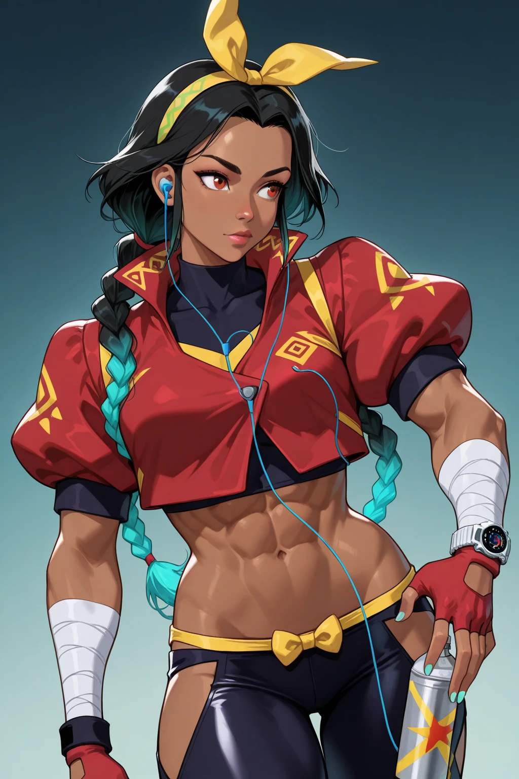 (solo:1.1),(masterpiece), (best quality:1.3), ultra detailed, intricate, professional art, digital art, absurdres, Kimberly, 1girl, solo, black hair, braided hair, long braids, two tone hair, slender body type, head proportionately sized to body, long legs, abs, full lips, African American, dark brown eyes, gold hoop earrings, smile, hair tie, brown skin, (dark skin:1.4), red underpants, Boxer Briefs, red short sleeved crop top, puffy sleeves, fingerless gloves, bandana scarf, medium breasts, full lips, futanari, detailed thighs, genitalia outline on clothing, male genitalia, huge bulge, detailed male genitalia outline, erection under clothes, huge crotch bulge, detailed genitalia outline, BREAK, locker room, standing pose, BREAK frontal view, universal lighting, BREAK