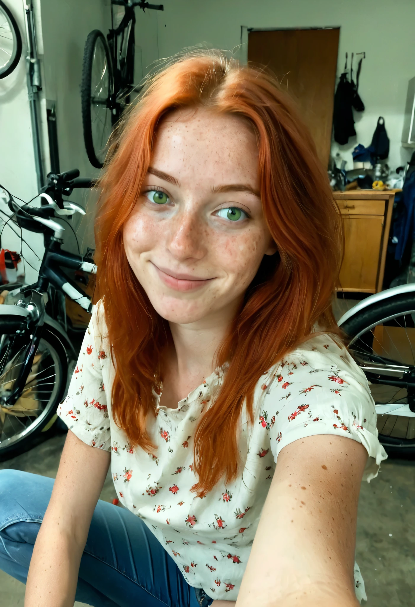 Authentic selfie photo, selfie amadora, A red-haired girl with light green eyes with few freckles 22-year-old Russian wearing jeans and a short casual blouse with a print. She's smiling casually, With minimal makeup, in a casual setting like a garage at home repairing your bike. the background shows some personal items, film grain, Cinematic Filter  