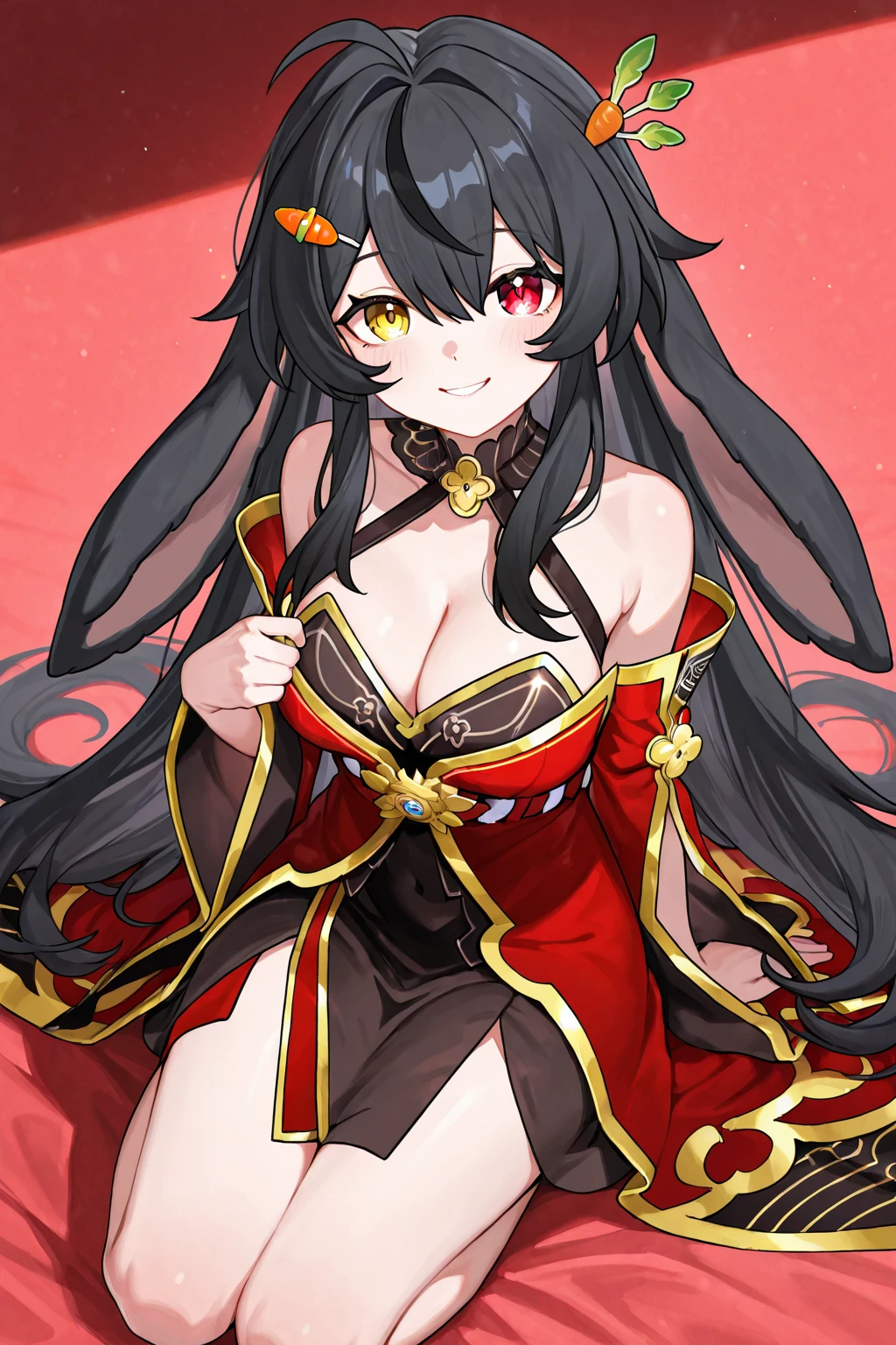 female, black long messy hair, red eyes, black fox ears, nine black fox tails, (((1girl))), (((black kimono with red and gold trim))), (red sash), (black knee high toeless socks), (red heeled sandals), cute and sexy, full body, large breasts, long legs, smiling, cleavage