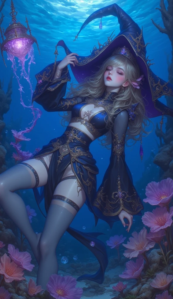 (masterpiece, best quality, detailed glossy skin: 1.2), flawless, 8k, RAW, highres,1girl, petite, medium breasts, long hair, blonde hair, (witch hat), (light smile), purple eyes, (star-shaped pupils), (underwater, algae, aquarium), looking at the viewer, solo, alice dress in wonderland, (camel's paw), (no panties), long socks, transparent white socks,  broom, floating, rim lights, cinematic lighting, ((splash water)),