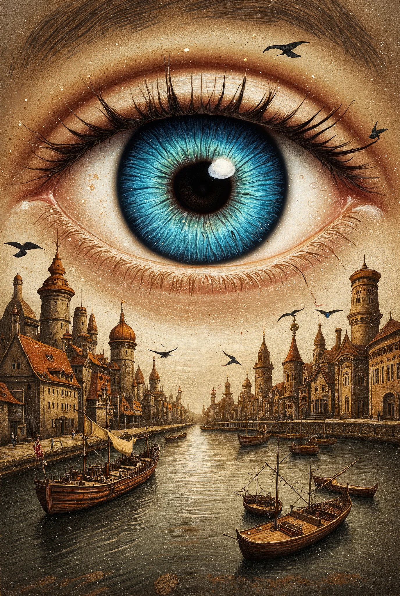 A detailed eye, vibrant blue,  juxtaposed with a stylized harbor scene of steampunk-inspired ships and buildings, rendered in a painterly, expressive style with sepia and brown tones, textured with watercolor-like brushstrokes and scattered speckles,  including birds in flight.