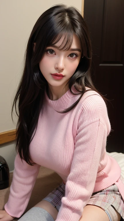 (Best Quality,hight resolution:1.2),Ultra-detailed,Photorealistic:1.37,Portrait,Asian girl wearing tight sweater and lace panties, young and thin, Gravure idol with realistic appearance, Detailed eyes and lips, shiny straight hair, Cute smile, Engaging pose, Soft and natural lighting, Vibrant colors