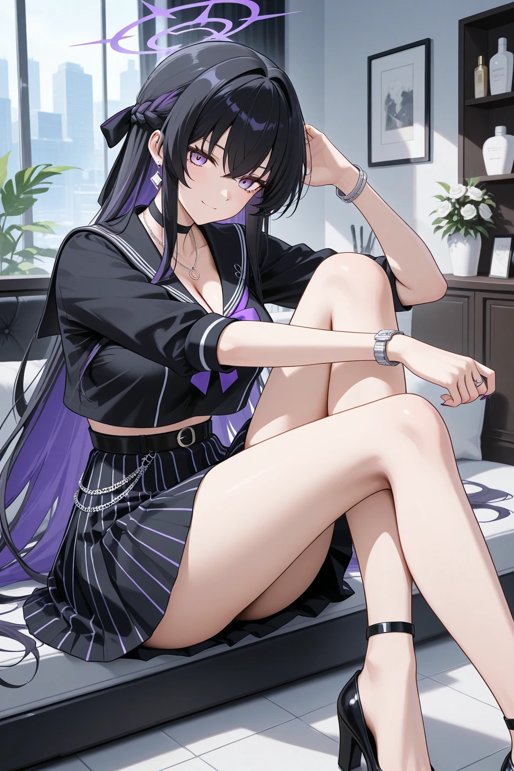 Full length anime girl on a white background. 21 year old girl with black hair, acid red hair ends. Different eyes: one blue, Other purple. Nose pierced, left ring. Dressed in a long black coat and lace-up boots. The expression on his face is haughty.