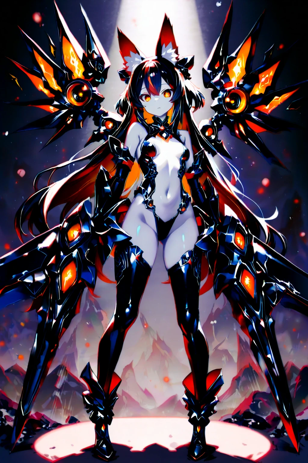 masterpiece, best quality, detailed eyes, black background
1 anime girl, (cowboy_shot view), thighs,
long hair, blue hair, red eyes, assassin attire, extremely large amount of spikes, navel,
shiny skin, oily skin, 
[standing straight],
skimpy, extreme lowleg, 
mechanical winged girl, vibrant colors, 
(bulky gown), spiked headgear,
mecha headgear, mecha gear, sci-fi, mecha musume