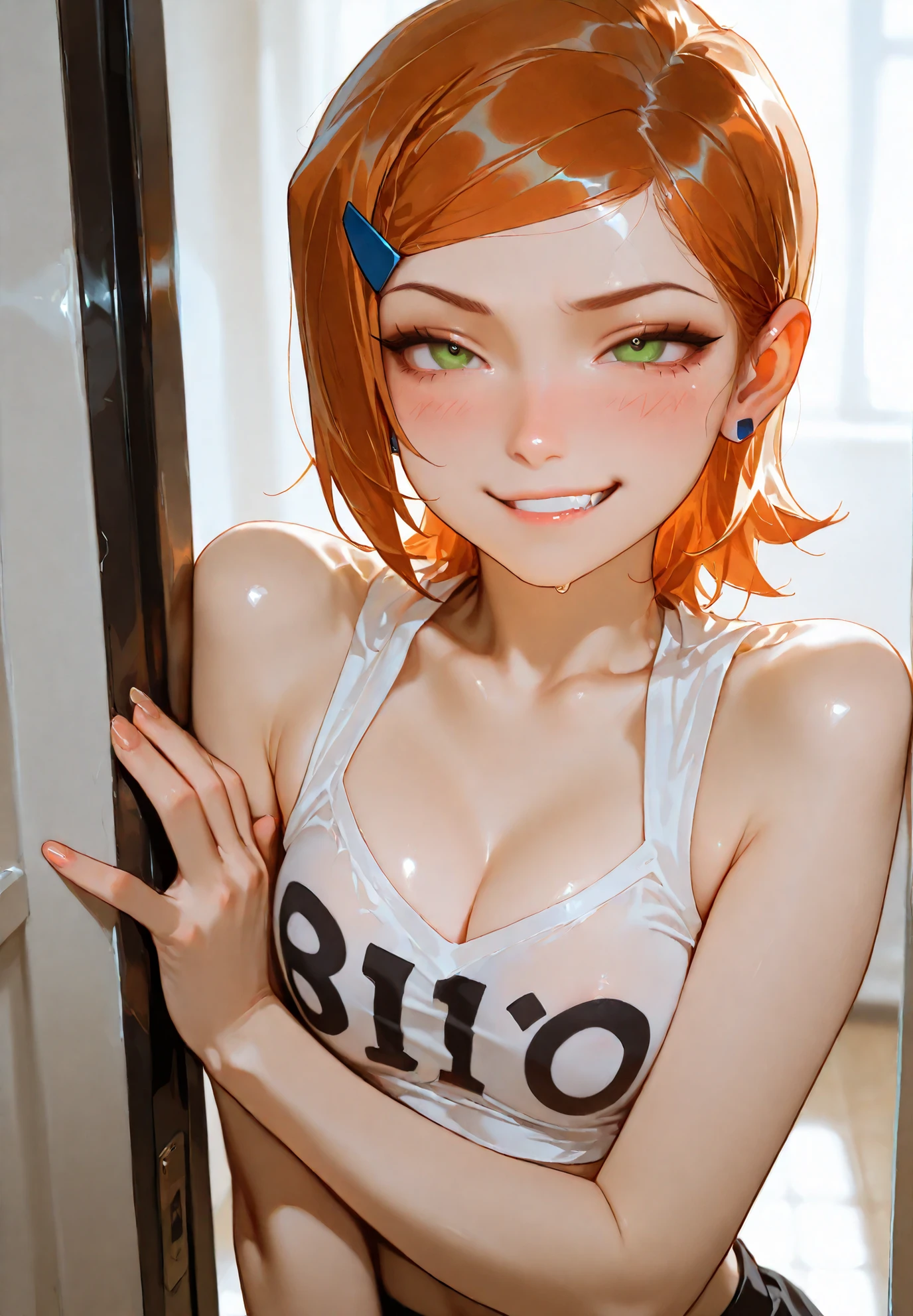 1girl, solo, Gwen Tennyson, ben 10, gyaru cosplay, smirk, blush, BREAK, masterpiece,top quality,warm color,high resolution,high fashion,absurdres extremely,vivid colors,intricate details,best quality,amazing quality,very aesthetic,newest,ultra-detailed,nsfw,