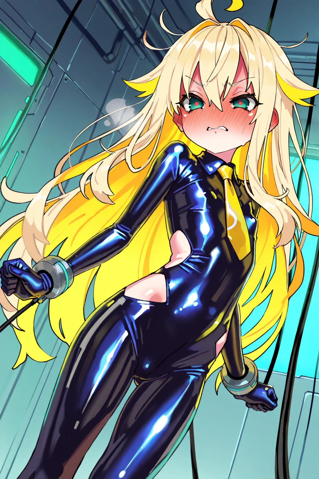 masterpiece, (best quality), (detailed), 1girl, ponytail, yellow hair, black eyes, evil smile, bodysuit, fullbody, street, medium breasts