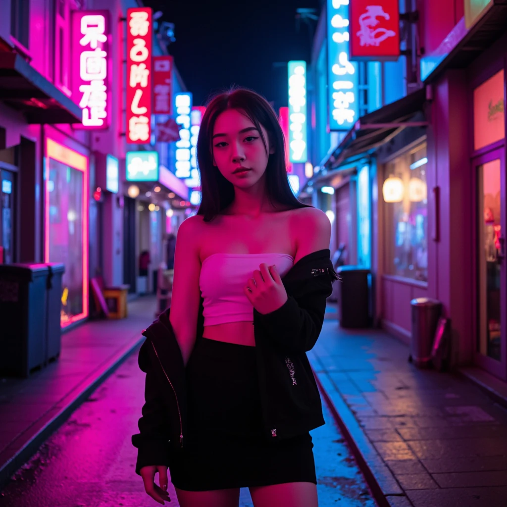 ultra-realistic, photorealistic, (20 years old Japanese famous idol girl:1.5), very beautiful Japanese, wearing a roller skate, sitting at downtown at night, cyber punk, amazing view of cyber punk metropolitan, masterpiece, (face focus:1.6), beautiful eyes, wearing a cute punk rock outfits, very large breasts, beautiful face