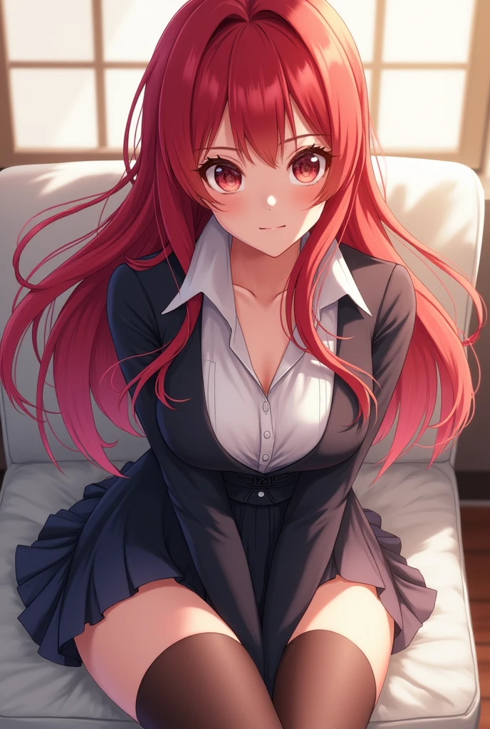 (extremely detailed CG unity 4k wallpaper),(masterpiece),(best quality),(ultra-detailed),(best illustration),(best shadow),(absurdres),(detailed background) <lora:OGT_Kotori_Itsuka-v1:0.7> Kotori itsuka, 1girl, breasts, red hair, shirt, long hair, cleavage, red eyes, white shirt, crossed legs, dress shirt, sitting, medium breasts, very long hair, hair between eyes, collarbone, cardigan, shiny, indoors, looking at viewer, shiny hair, pillow, couch