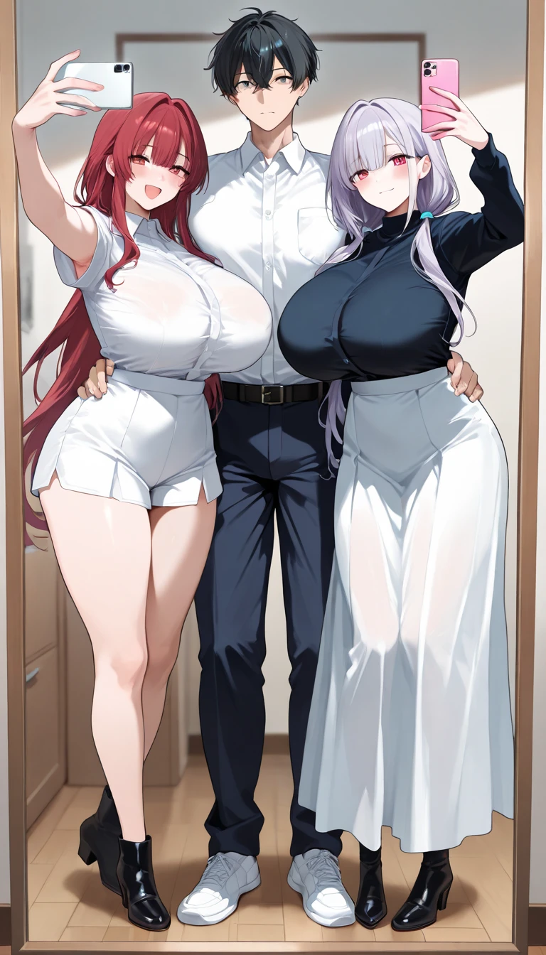 blond haired man, tan skinned man, (slim woman:1.7), naked, standing, Red hair, 3 people, smiling
