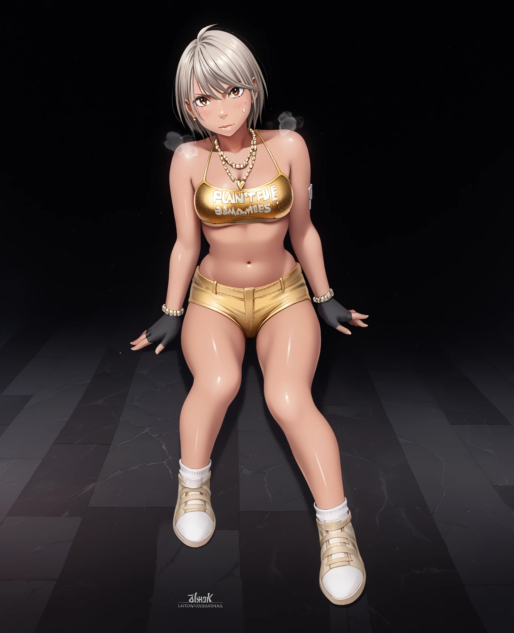 (high resolution, full body, soft skin:1.2),(best illustration,masterpiece:1.2),ultra-detailed,[(cat ears , black inside:1.2, black ponytail hair, gold cat eyes, dark skin),vivid colors,sharp focus,studio lighting,bokeh, wearing a blue anime shirt, blue booty shorts, looking at viewer, kneeling 