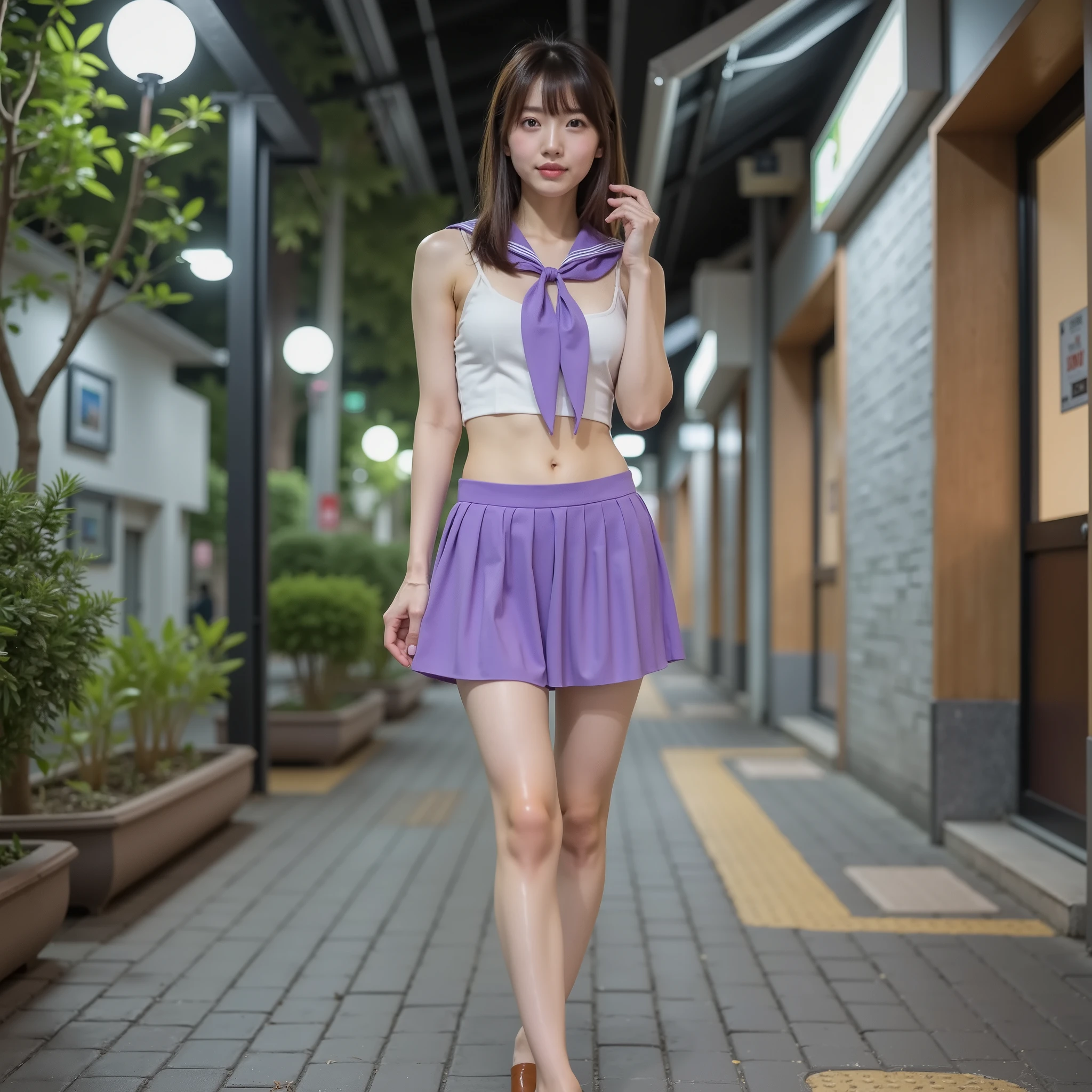 A fair-skinned woman is standing with her legs slightly apart at the Chureito Pagoda in Japan, wearing a violet, alluring short skirt and matching bra.