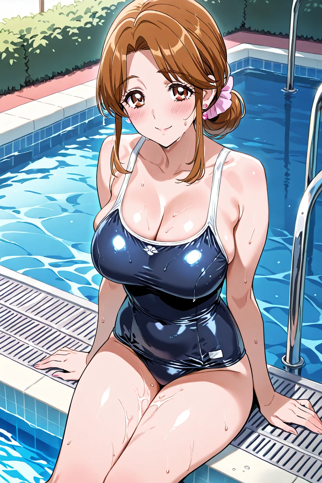 score_9, score_8_up, score_7_up, source_anime, ochaco uraraka, my hero academia, , breasts , school swimsuit, breast cutouts, pussy cutout, school pool, blue swimsuit, exposed nipples, standing