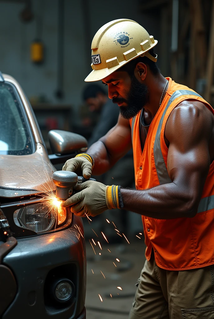 28 years old Vik Reddy car mechanic black grease stains on face and body, car repair in home, bright color, white lights