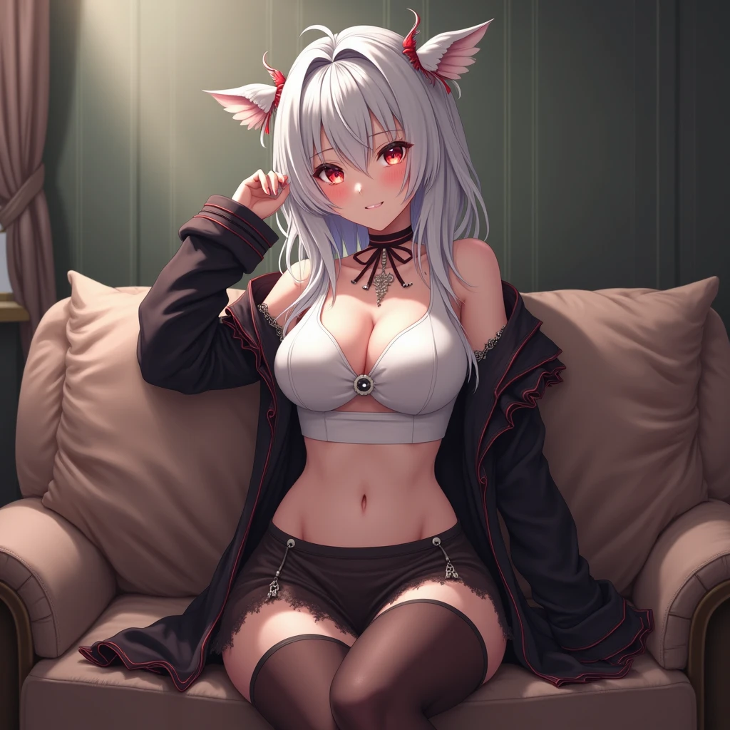 zzcloaa,dark skin ,pink hair,long hair,ponytail,pleated skirt, stomach tattoo, white dog tail,chloe von einzbern, lying, indoors, sofa, living room, <lora:clobeasts_ponyv1:1>, score_9, score_8_up, score_7_up, score_6_up, score_5_up, score_4_up, BREAK source_anime, masterpiece
