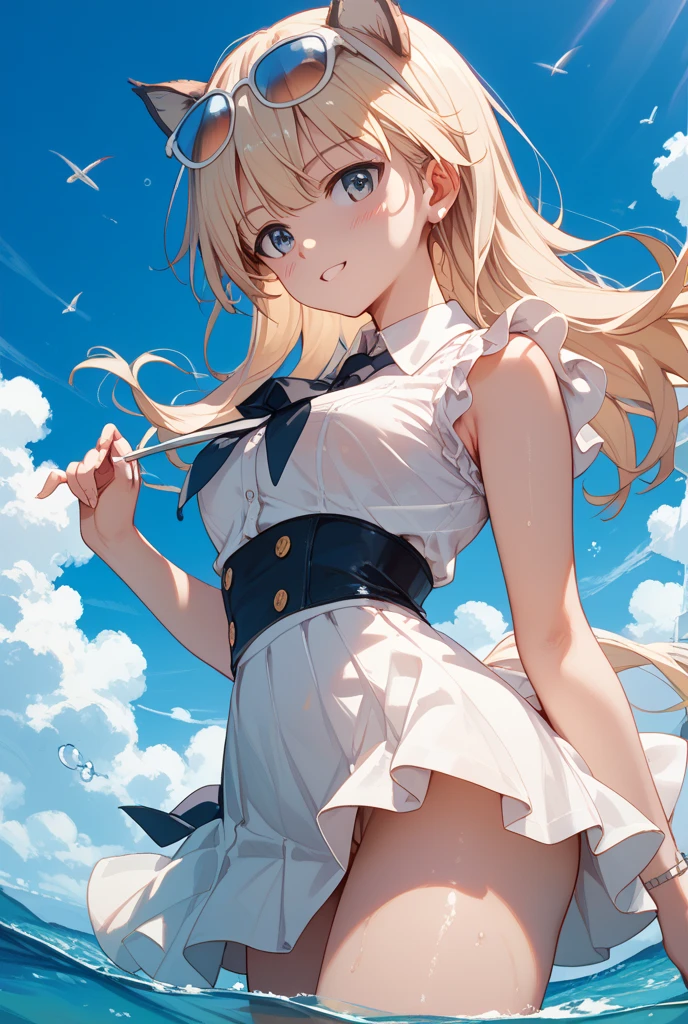 
The strong wind is blowing her skirt up、White lace lining is visible、

