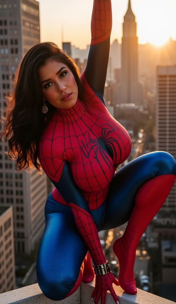 "An intricately-detailed depiction of a woman in a Spider-Man cosplay outfit, showcasing her defined body and medium breasts in the cleavage area, complete with an action-packed pose and a dynamic angle."