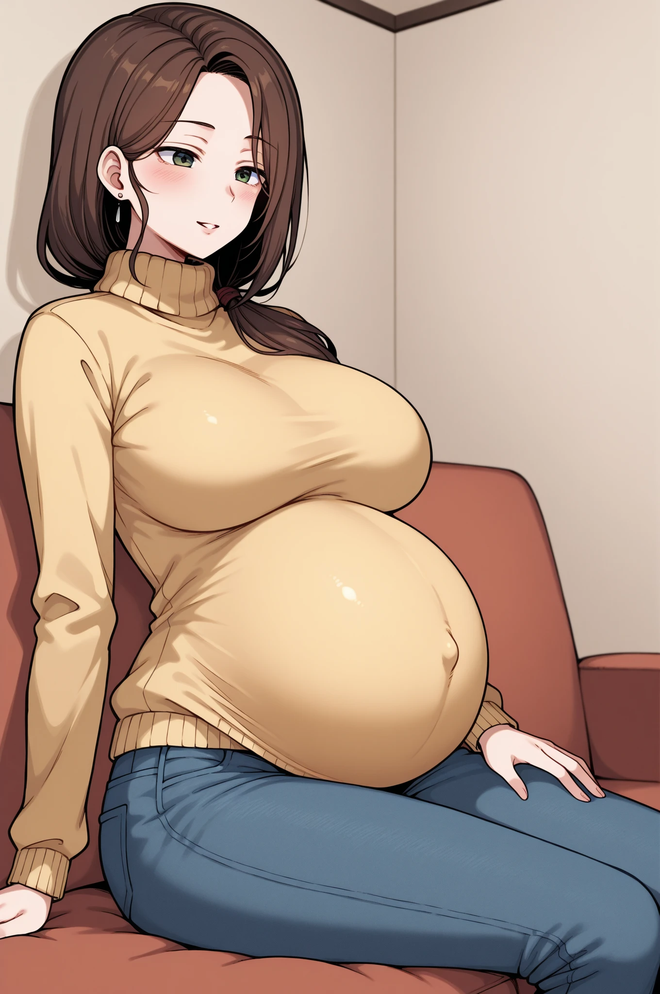A pregnant woman wearing loose and comfortable maternity clothes stands in a warm and cozy home scene。Tight jeans and high heels are scattered in the corners of the room,Emphasizes the importance of comfort in maternity wear。