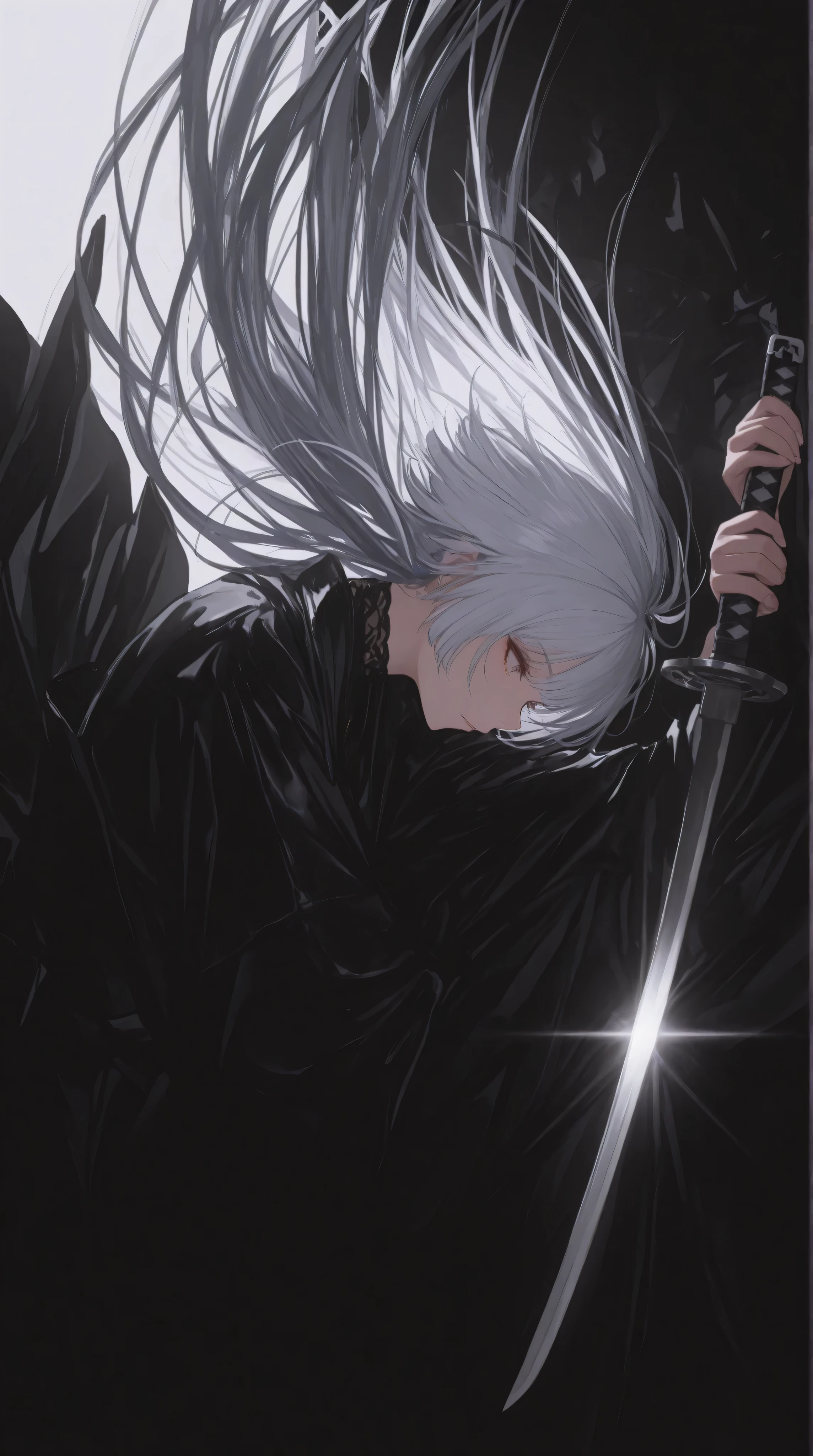 Masterpiece, dark silver hair, amazing quality, very beautiful, high resolution, very fine, nonsense, newest, 1Girls, cut hair, long hair, ผมสีดำ, white hair with white, holding a Katana sword emitting light, Folded background, Dynamic silhouette , movie lighting, volumetric light, Make up , Absolute domain , Seifuku, (focus on the face)